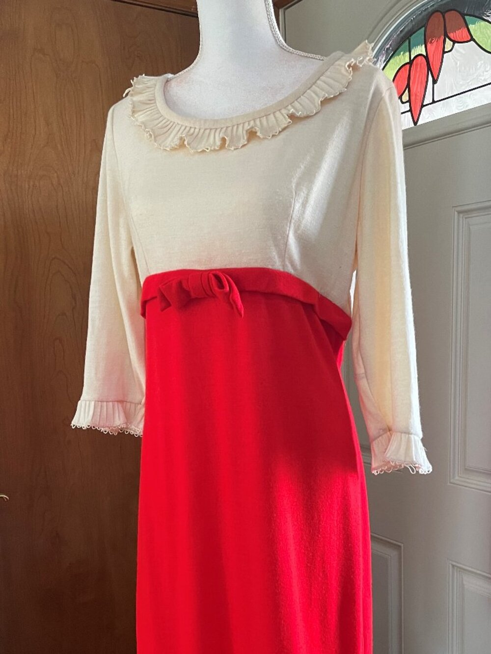 1960s MOD Empire Waist Shift Dress With Pleated Ruffled Sleeves and Collar